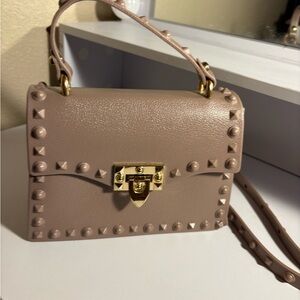 Tan Mini Bag with Gold Studs and Structured Design